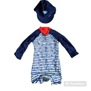 Baby One Piece Swimsuit with Sun Hat. 0-3 Months. Blue, Red, Whit…